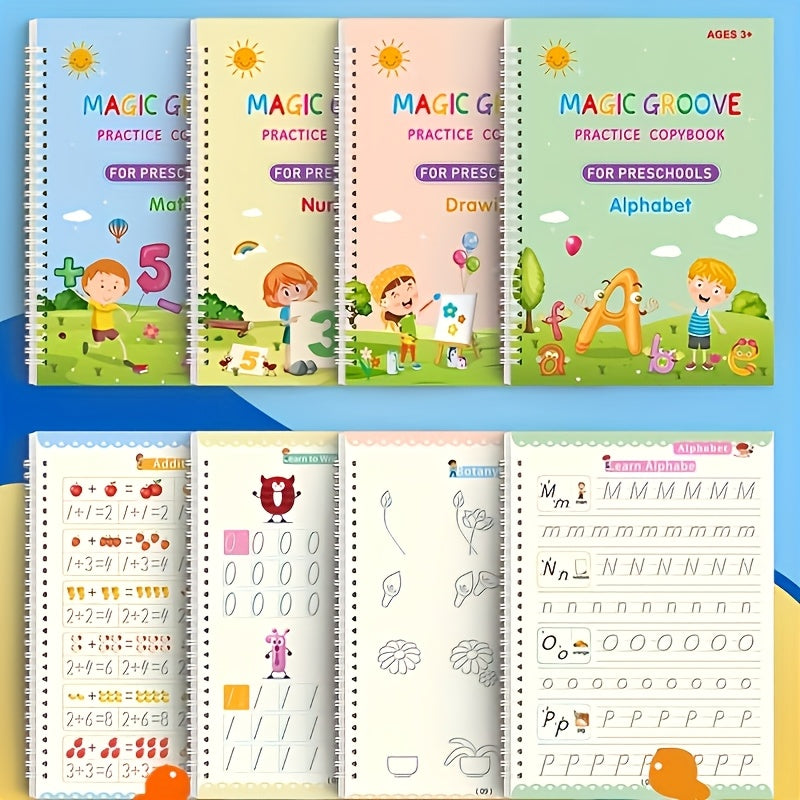Book Set of 4 Books + 5 Refills + 1 Pen Holder: Groove Practice Magic Stickers, Calligraphy Practice Word Stickers, Writing Book, Enlightenment, Beginner Repetitive Writing, Handwriting Disappears