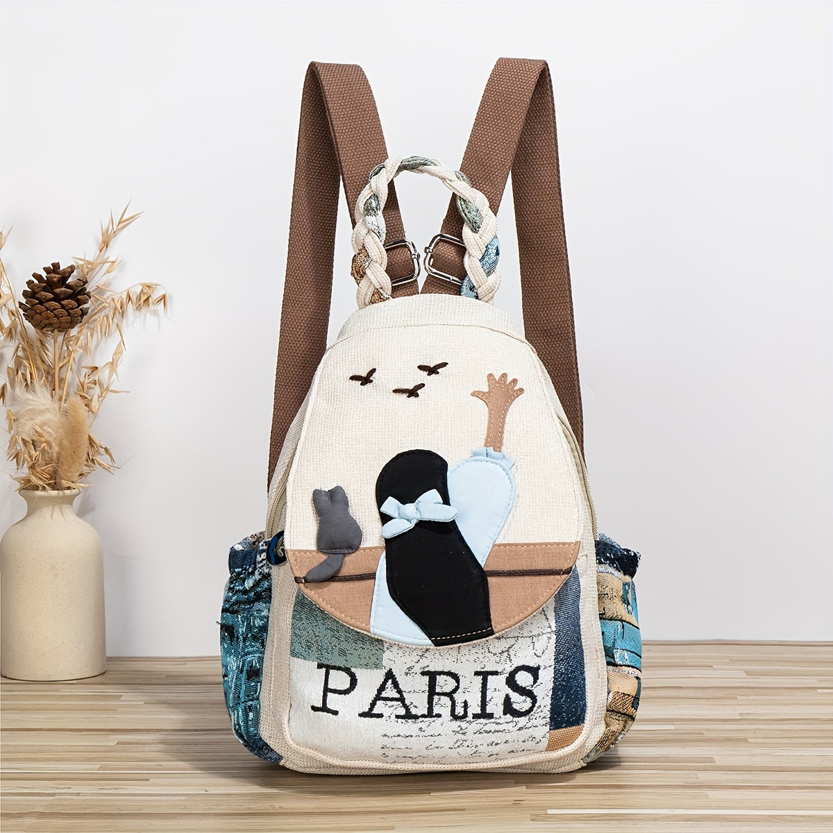 Randomly Cut Bohemian Style Ethnic Style Multi-color Cute Kitten And Goose Double Shoulder Backpack Personality Fashion Backpack
