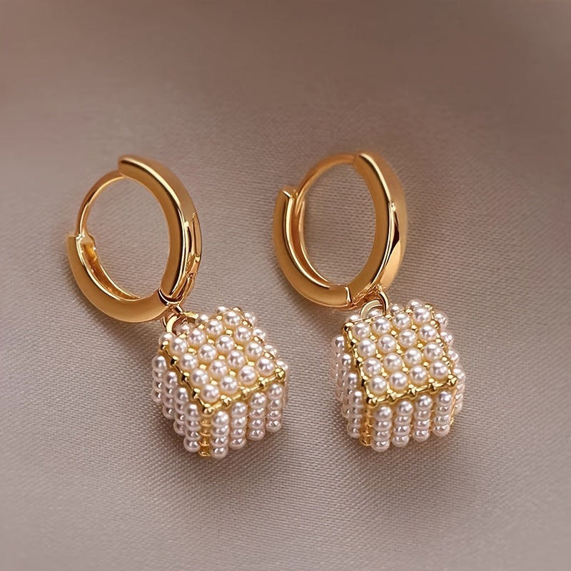 [Valentine's Day Gift] Pair of Elegant Golden-Tone Cubic & Imitation Pearl Earrings - KC Golden-Plated Dangle Jewelry for Women, Valentine's Day Gift, Everyday & Party Accessories, Year-Round Luxury Fashion Jewelry, Sophistic