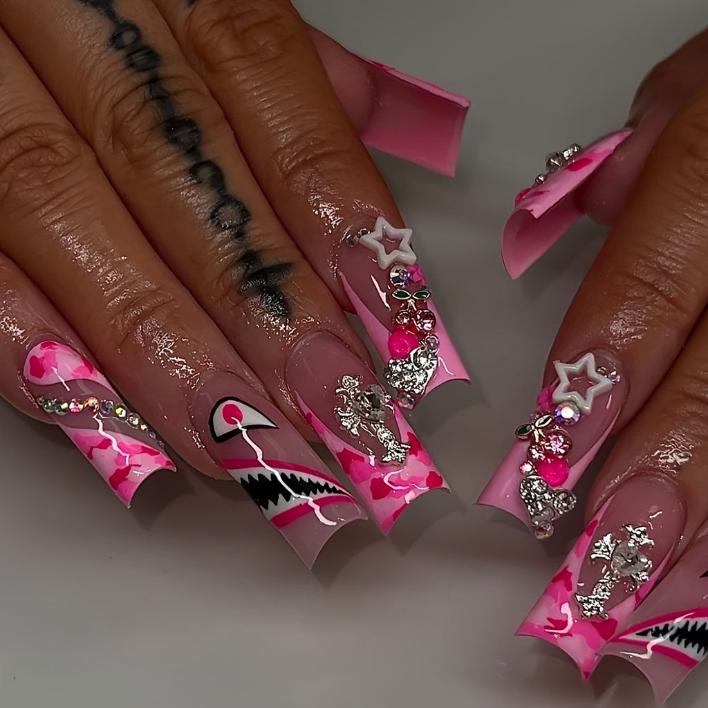 Pink Glossy 24pcs Luxurious Teardrop False Nails Set - Long Length, Easy to Apply, with Glitter Cherry Heart & Shiny Cross Emblem, Cute Star Accents, Animal Pattern - Includes Nail File & Jelly Glue