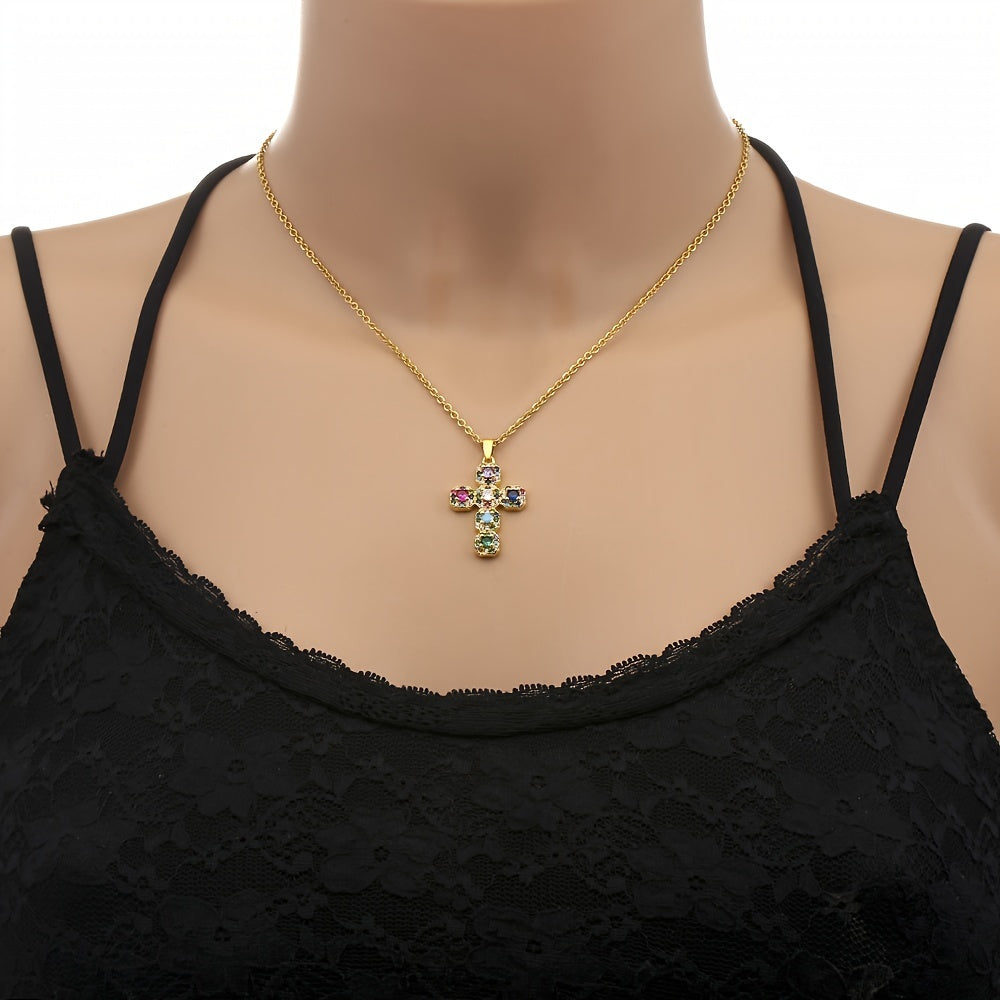 Colorful Inlaid Cubic Zirconia Cross Necklace