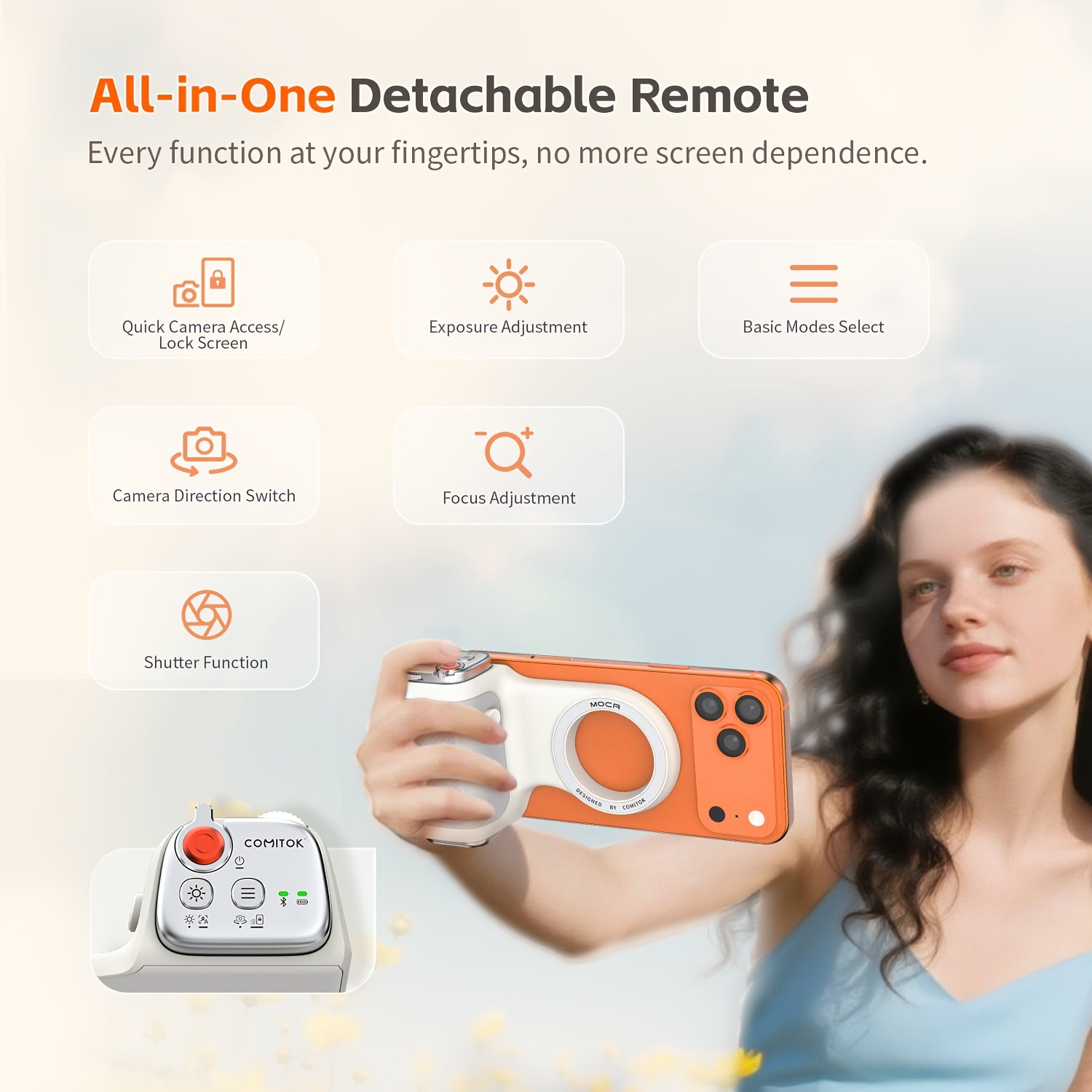 COMITOK MOCA Only for iPhone Shutter Device, Compatible with 26 & 18, One-Tap Camera Activation for iPhones, Supports Exposure Lock and Brightness Adjustment, Flip Front/Rear Cameras in One Tap, DSLR Style Release Button, ic