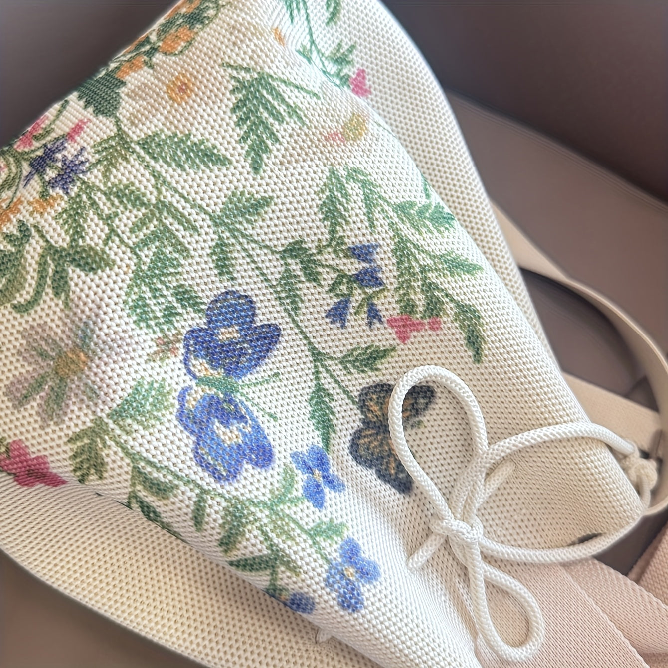 Floral Print Knit Drawstring Bucket Bag – Elegant Polyester Crossbody & Shoulder Bag for Women, Beige with Vibrant Floral Designs, Perfect for Daily Use or Shopping, Versatile Carryall | Lightweight Construction