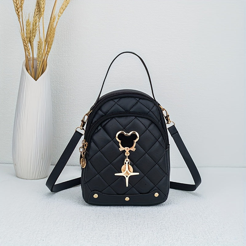 s Rhombus Backpack, Golden-Tone Hardware - Black/Pink/White, Mouse Pad Keychain Lock Compatible, Durable Adjustable Strap & Zipper Closure, Golden-Tone Plaque for Keys, Casual Handbag for Travel, Everyday Use (Poly, for Teena