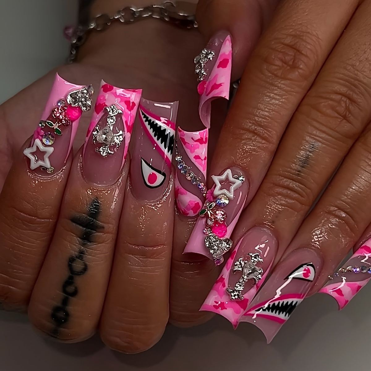 Pink Glossy 24pcs Luxurious Teardrop False Nails Set - Long Length, Easy to Apply, with Glitter Cherry Heart & Shiny Cross Emblem, Cute Star Accents, Animal Pattern - Includes Nail File & Jelly Glue