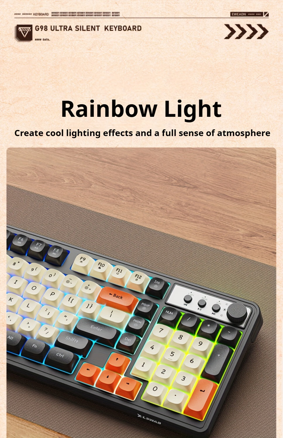 [Wired Gaming Keyboard] EWEADN Wired Gaming Keyboard with Rainbow Backlit, Portable Black Keyboard for Office-98 Keys, Computer External Keyboards Ergonomic Design, with Multimedia Knob, Ball Keycaps, for Gamers and Office, C