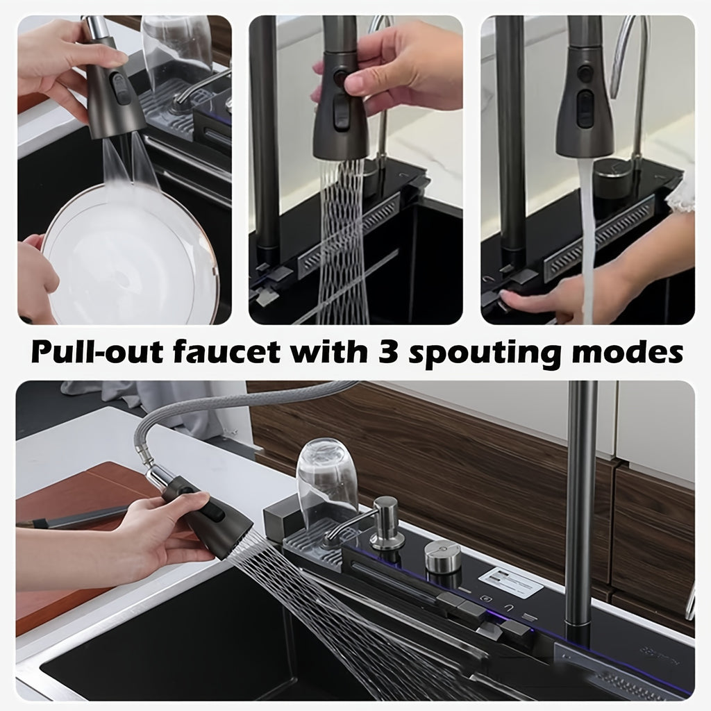 Digital Display Waterfall Sink, Single Bowl Kitchen Sinks, Stainless Steel Bar Sink With Pull Down Sprayhead Faucet, Smart Modern Kitchen Sink, Full Set Of Accessories, Gun Gray & Brushed Golden, 1 Set