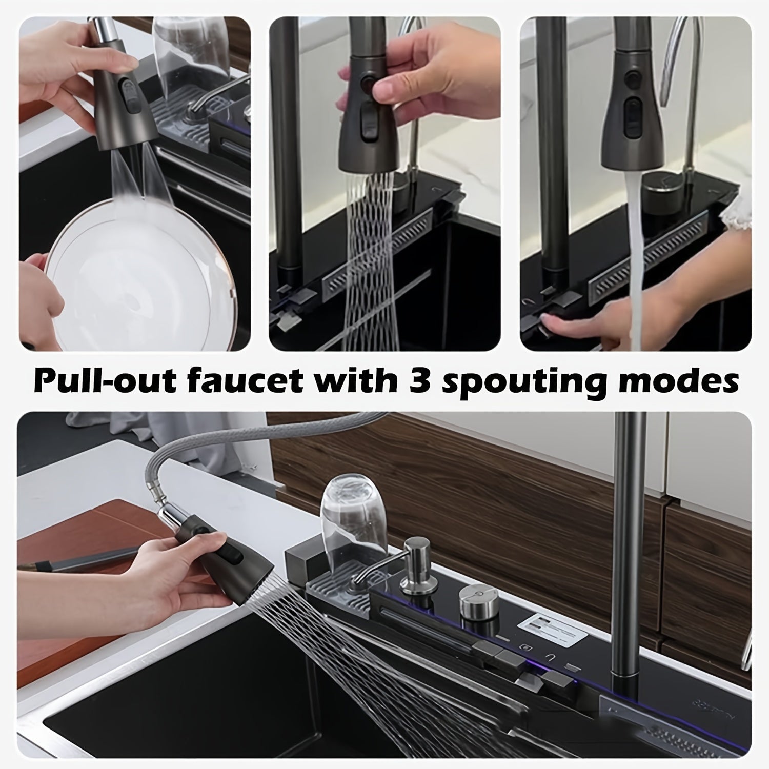 Digital Display Waterfall Sink, Single Bowl Kitchen Sinks, Stainless Steel Bar Sink With Pull Down Sprayhead Faucet, Smart Modern Kitchen Sink, Full Set Of Accessories, Gun Gray & Brushed Golden, 1 Set