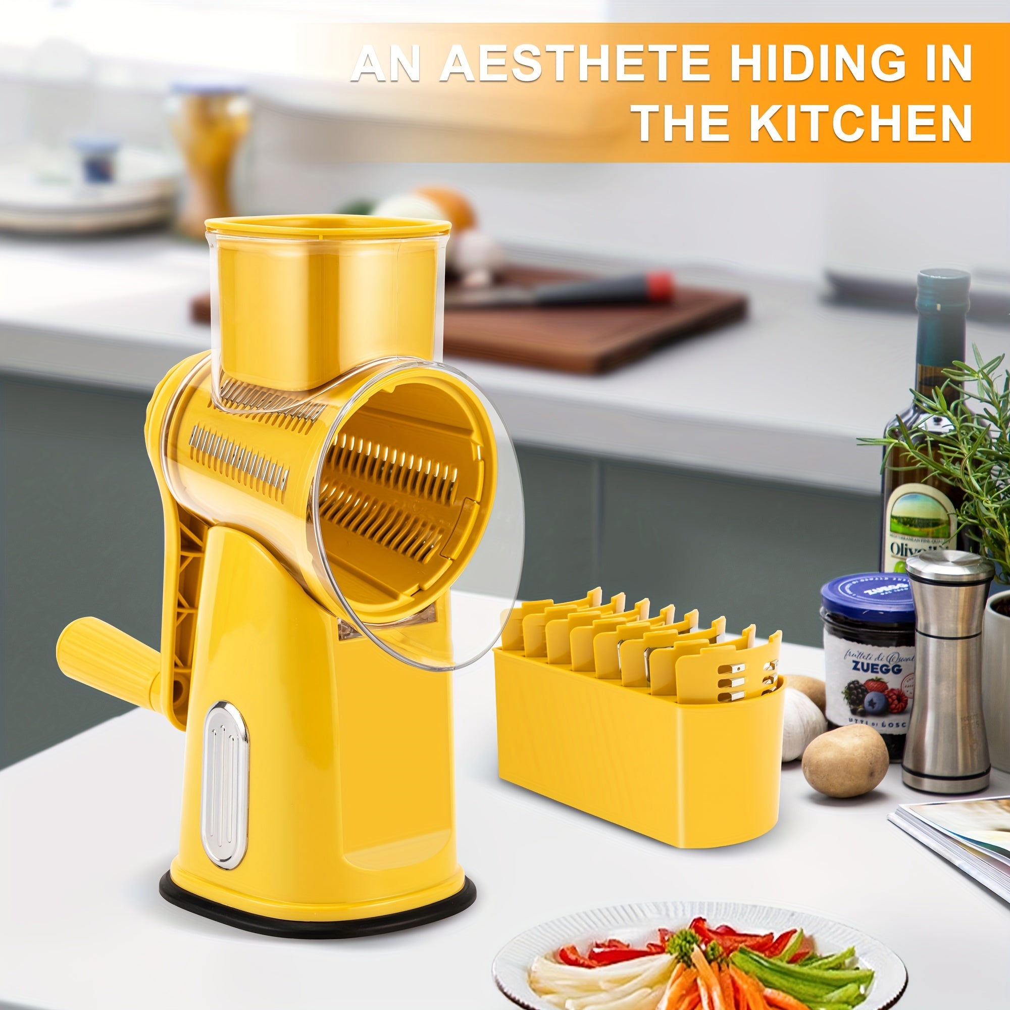 Rotary Cheese Grater With Handle - Vegetable Shredder With 5 Well-designed Blades & Strong Suction Base, Round Mandoline Slicer & Food Chopper For Kitchen, With Blade Storage Box(Beige, Retro Green)