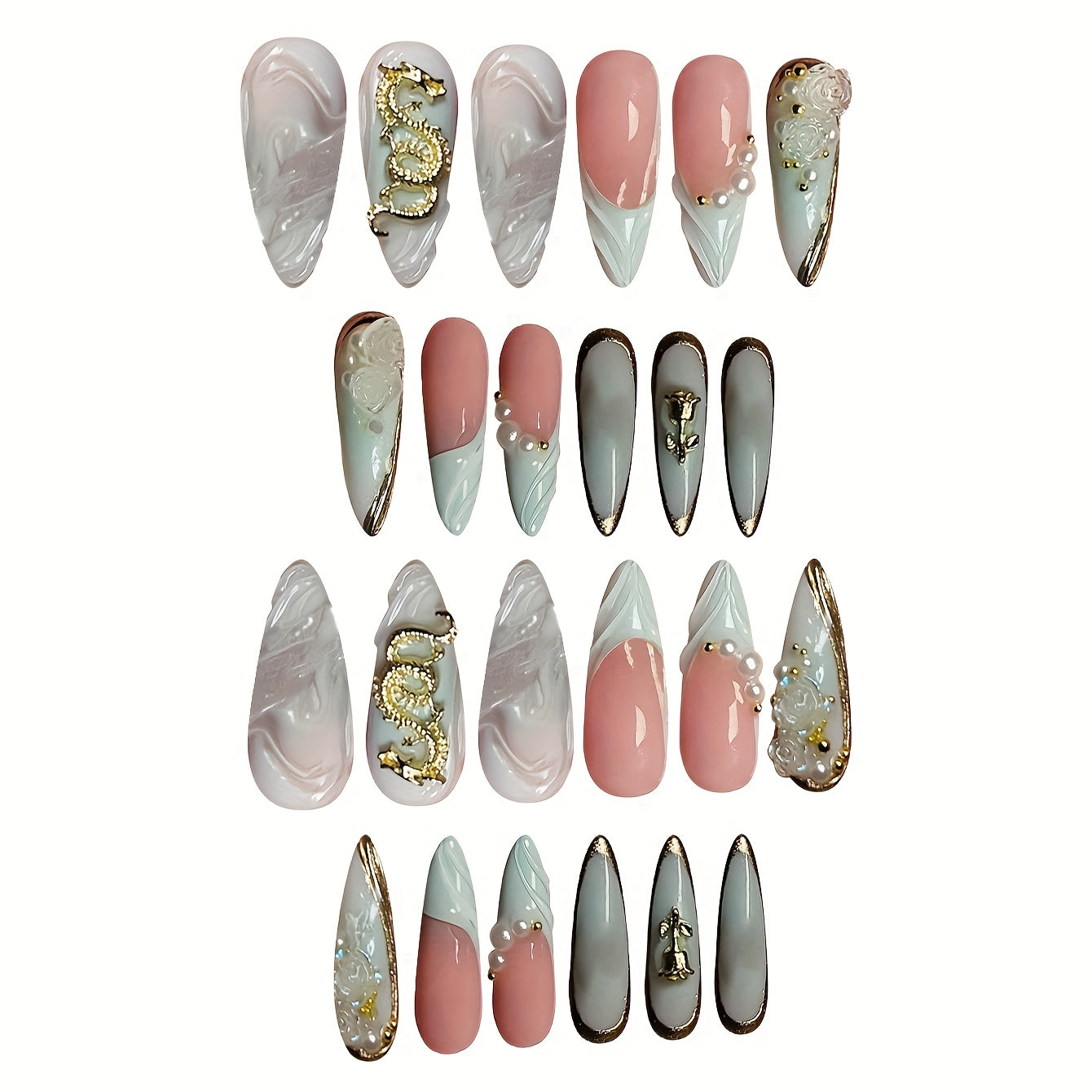 24pcs Luxury Sweet Cool High-End Floral Golden Texture Accented - Milk White and Golden Color Block Almond Medium Fake Nails Set with Jelly Glue and Nail File Included, Perfect Gift for s and Women