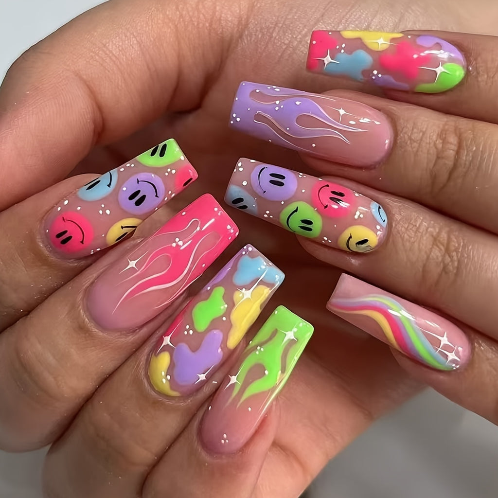 24pcs Colorful Smile & Rainbow Clouds Press-On Nails, Mid-Length Oval Fake Nails with Glossy Finish - Stripe & Flame Patterns, Includes Application Tool, Ideal for Daily Wear
