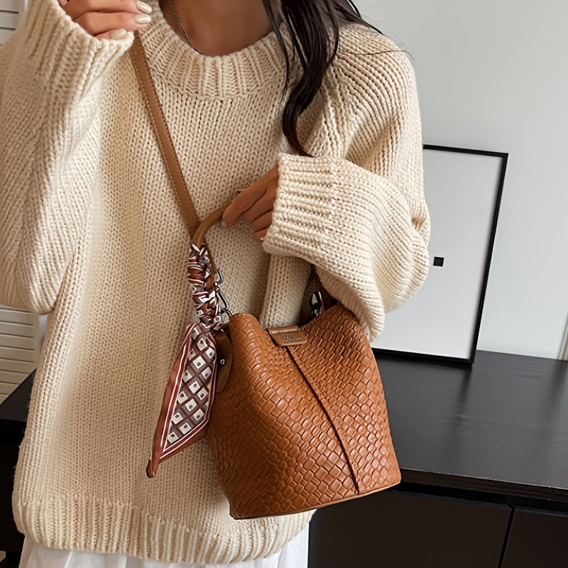 Women's Woven Bucket Handbag & Crossbody Bag - Golden-Tone Hardware, ic Closure, Detachable Strap - Deep Brown/Beige/Green/Black - Elegant Tote for, Travel, Formal Events - Durable Wipe-Clean