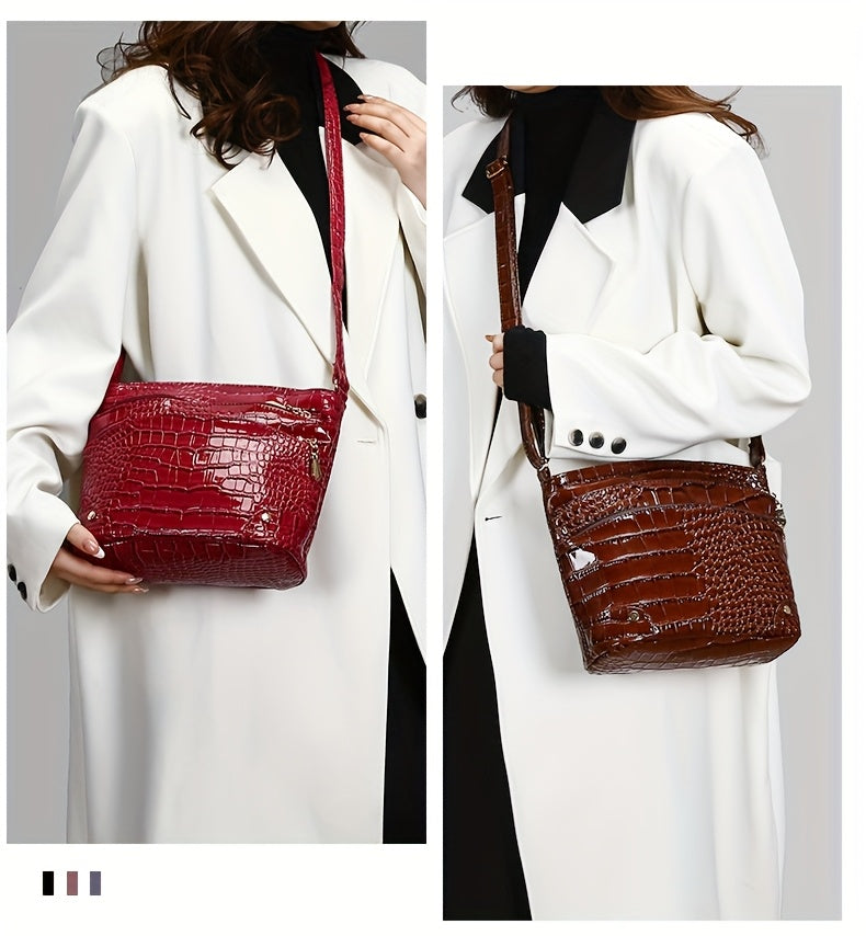 Shiny Crocodile Pattern Women'S Bag, PU Soft Shoulder Bag, Multi-Layer Crossbody Bag, Stylish And Versatile Large Capacity Bucket Bag.