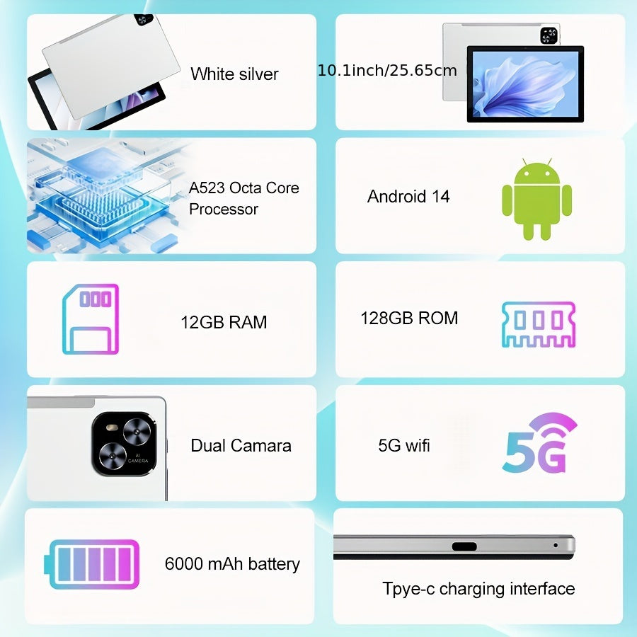 Tablet 10.1 Inch Android 14 OS Pad, 2in 1 Pad with Keyboard, Mouse, Case, Stylus without wireless function, 128GB ROM 12GB 4GB+8GB Expanded RAM, Dual Camera, Eight Core Processor, 1280 * 800 IPS High-definition Display Screen