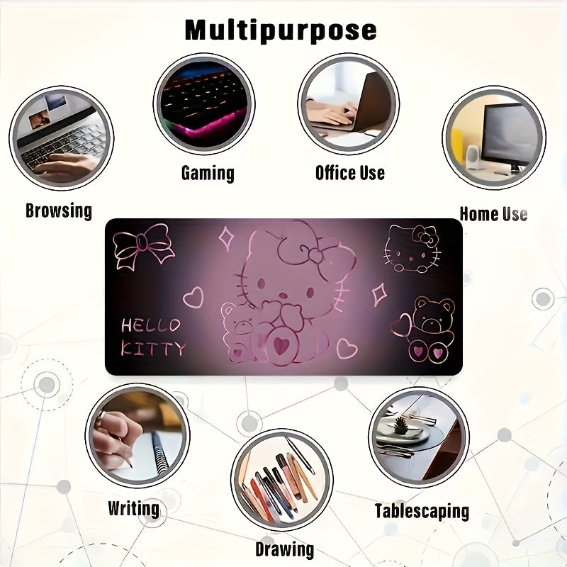 [Hello Kitty Mouse Pad] Sanrio Hello Kitty Large Gaming Mouse Pad & Desk Mat | Anti-Slip Washable Rubber Base, Stitched Edges, Cute Cartoon Design with Hearts & Stars for Office, Gaming, Workspace - Perfect Gift for Fans, Ani