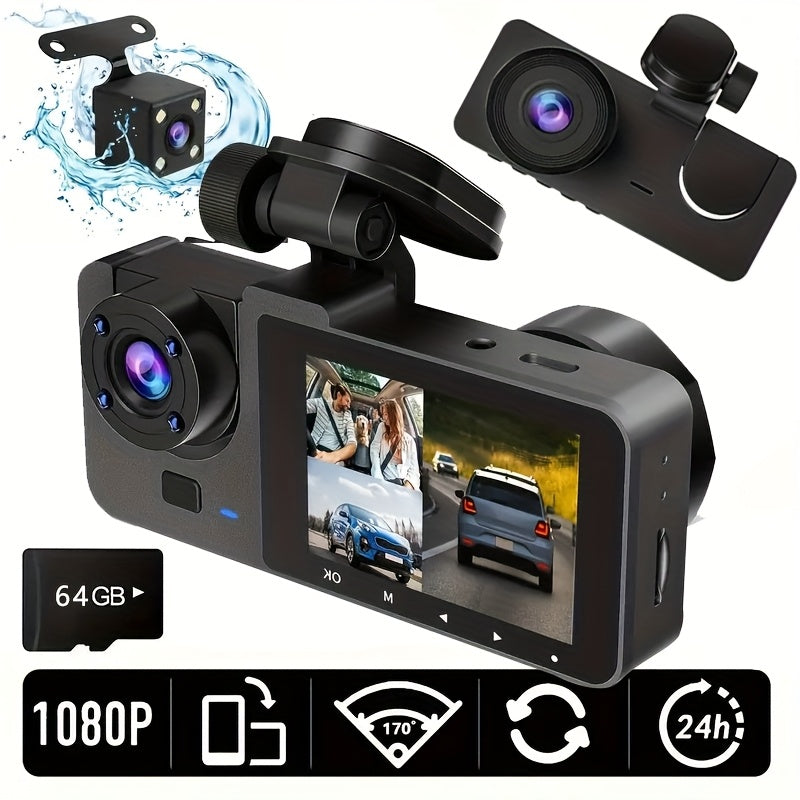 Front 4K/ Built- 1080P Three-Channel Front and Rear Built-in Dash Cam, Full HD Car DVR with Infrared Night Vision Function, Loop Recording, Includes 32/64GB SD Card, WDR, 24-Hour Parking Mode - Birthday Gift YX15, Road Trip C