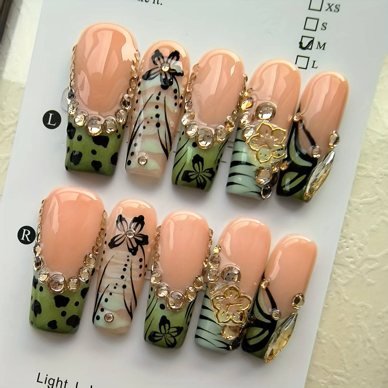 10pcs Handmade Press On Nails Green French Tip Fake Nails with Leopard Zebra Print Design, 3D Butterfly Rhinestone Stick On Nails, Glossy Long Coffin False Nails for Women Girls