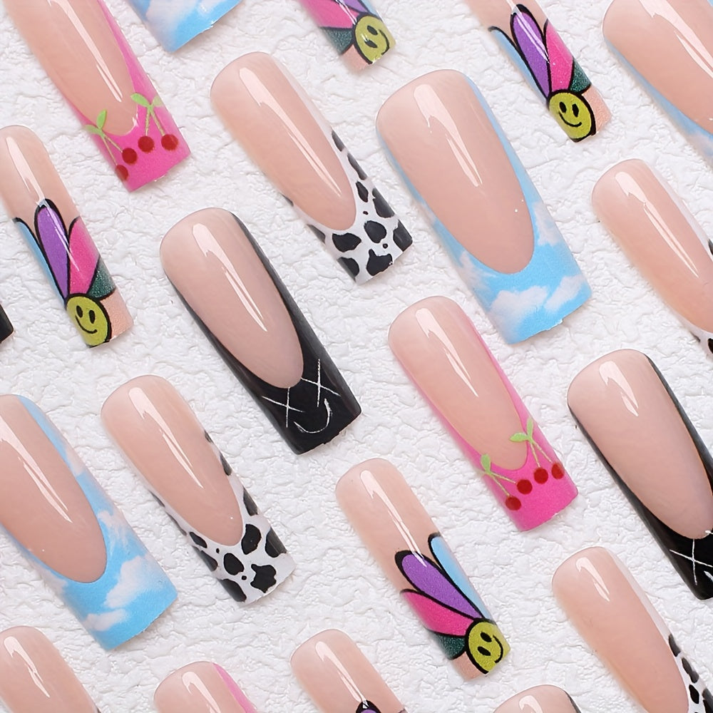 24pcs Set of Adult Wearable Nails, 2024 New High-End Sweet Cool Style with Playful Floral Graffiti Design, Detachable Nail Art for Women and s