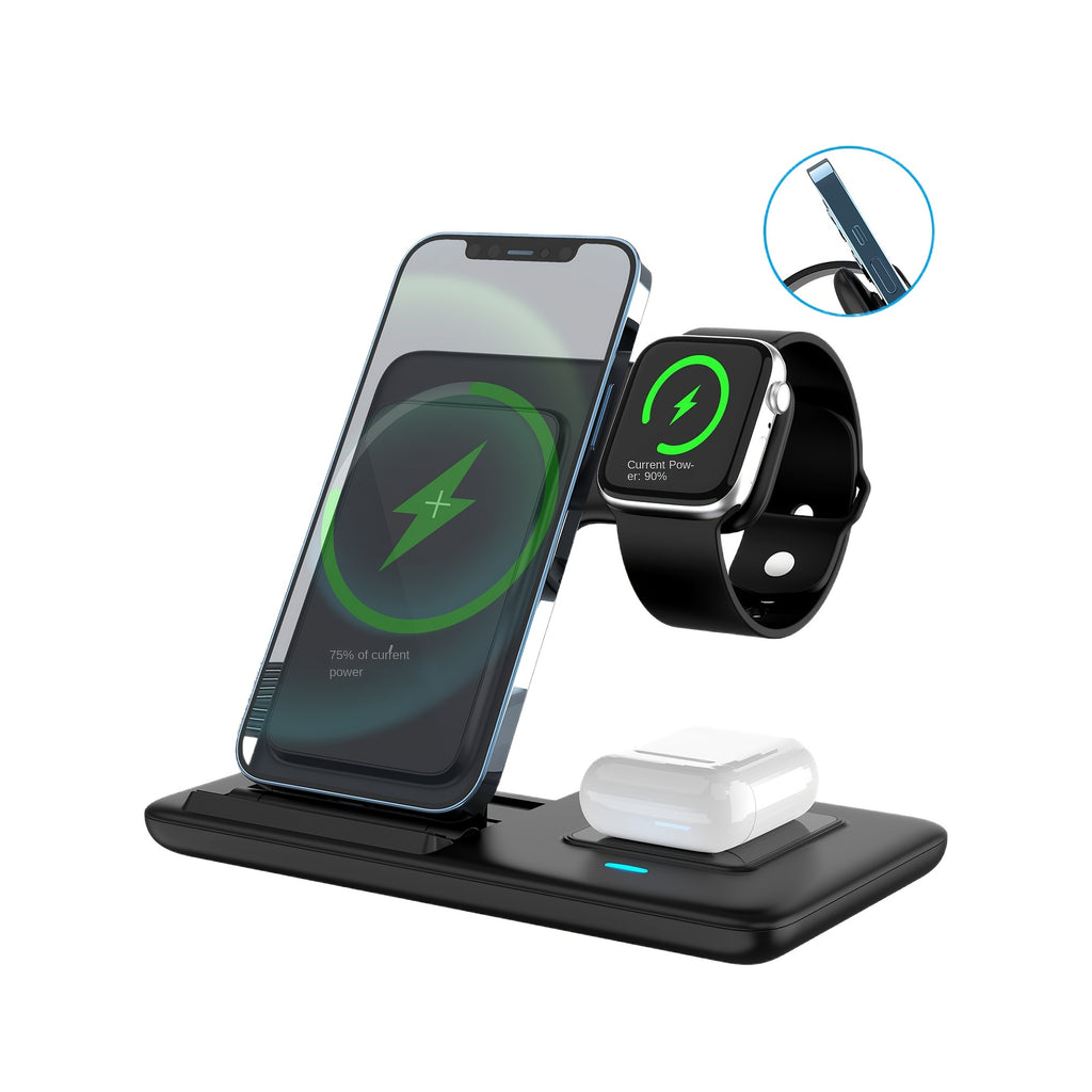 [3-in-1 Wireless Charger] 3-in-1 Magnetic Wireless Charging Station for iPhone 15/14/13/12/11/Pro/Max/Mini/Plus, X, XR, XS/Max, SE, 8/Plus, iWatch 1-9 & AirPods 3/2/Pro - USB Charger with Adjustable Stand, Compact Design, No