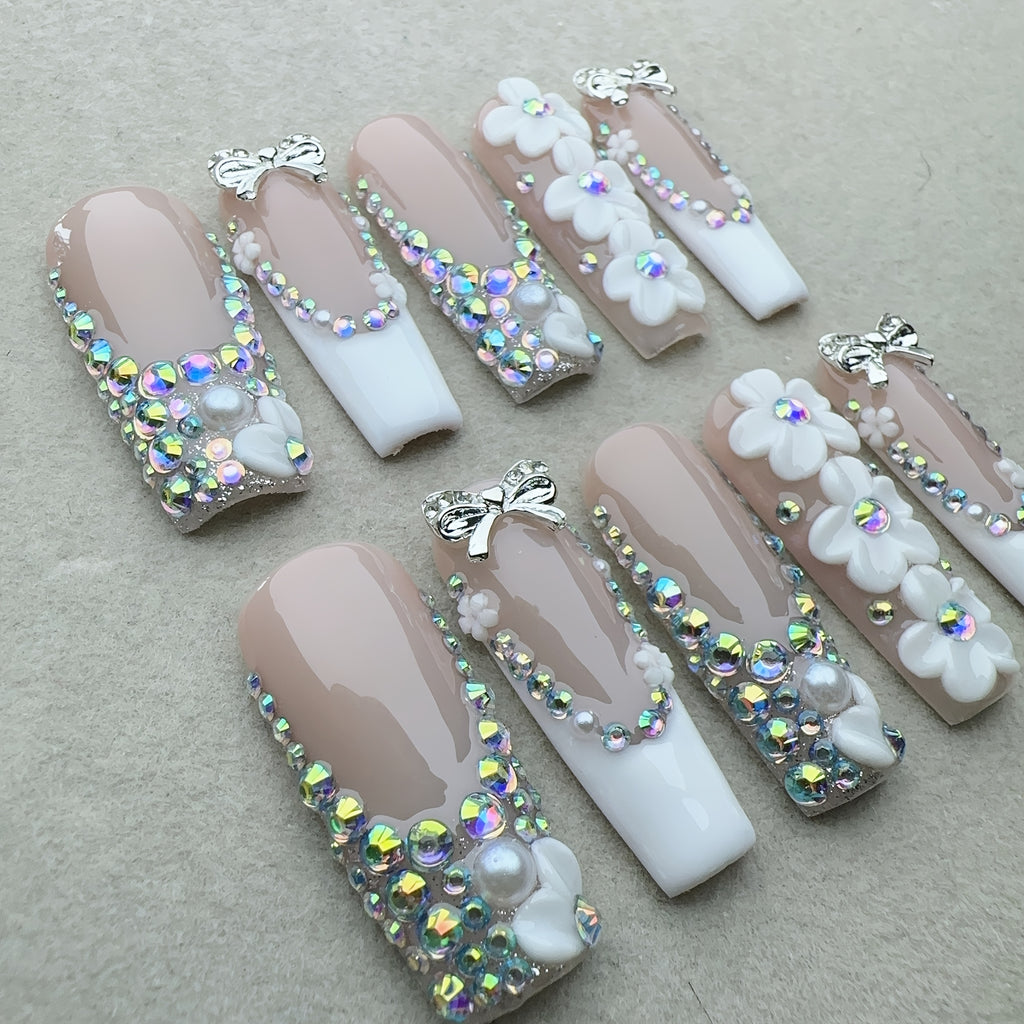 10pcs Handcrafted Press-On Nails Set for Women, Super Long Square Shape, Nude & Fair Tones, 3D Floral & Glitter Patterns, Glossy Finish, Reusable Full Cover Nail Art with Rhinestones and Metallic Accents
