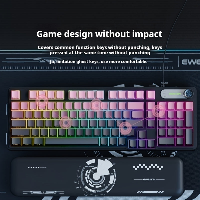 EWEADN Wired Silent Gaming Keyboard with RGB Backlit, Side-Printed Gradient Keycaps, Ergonomic Design & Multimedia Knob Control - USB-Powered for PC, Laptop, Desktop, Windows, Mac, Workstation Use, Gaming Accessories, Profess