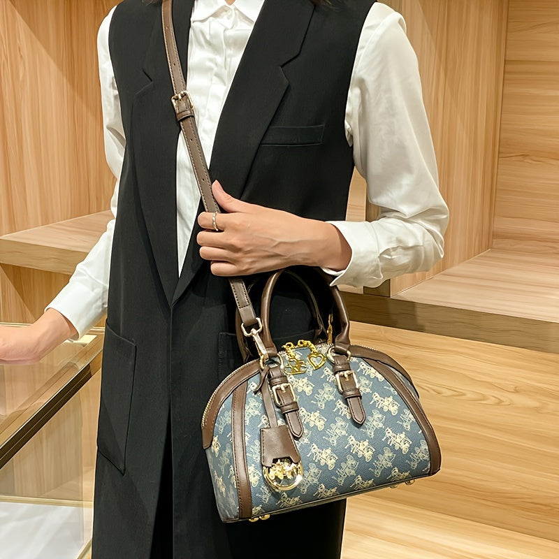 [Vintage Handbag] Elegant Vintage Carriage Print Shell Handbag for Women | PVC Blue Animal Print, Removable Strap, Zipper Closure, Polyester Lined - Ideal Gift for Mom