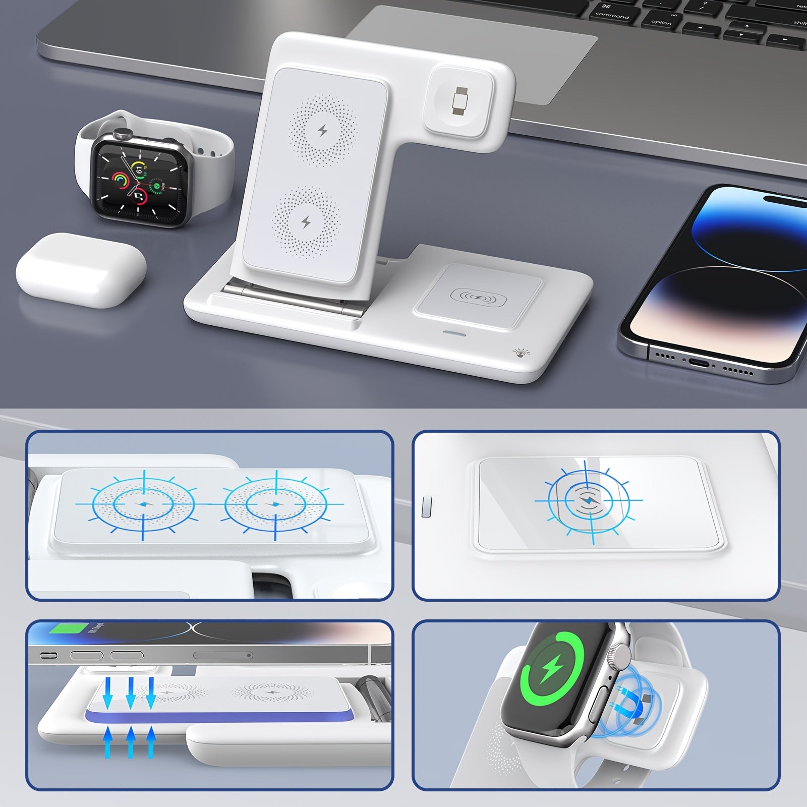 [3-in-1 Wireless Charger] 3-in-1 Magnetic Wireless Charging Station for iPhone 15/14/13/12/11/Pro/Max/Mini/Plus, X, XR, XS/Max, SE, 8/Plus, iWatch 1-9 & AirPods 3/2/Pro - USB Charger with Adjustable Stand, Compact Design, No