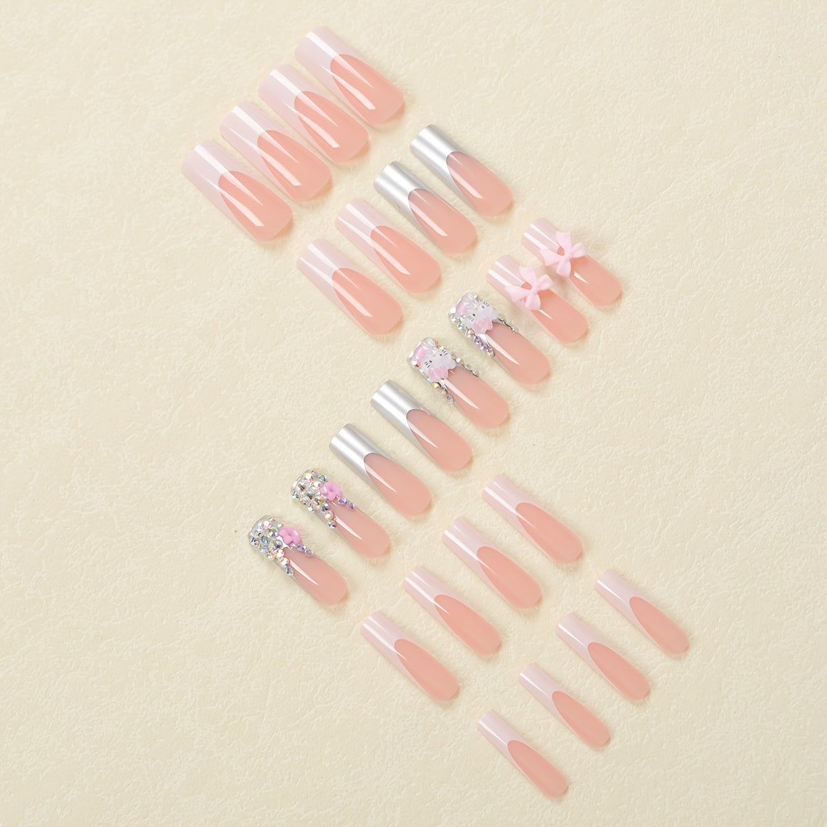 24-Piece Set of Super Long Square Shaped Glossy Press On Nails - Featuring Hello Kitty 3D Glitter Charms, Pink Floral Patterns, and Bow Embellishments for Glamorous Daily Use, Dates, and Parties - Includes Easy-Apply Jelly Ad