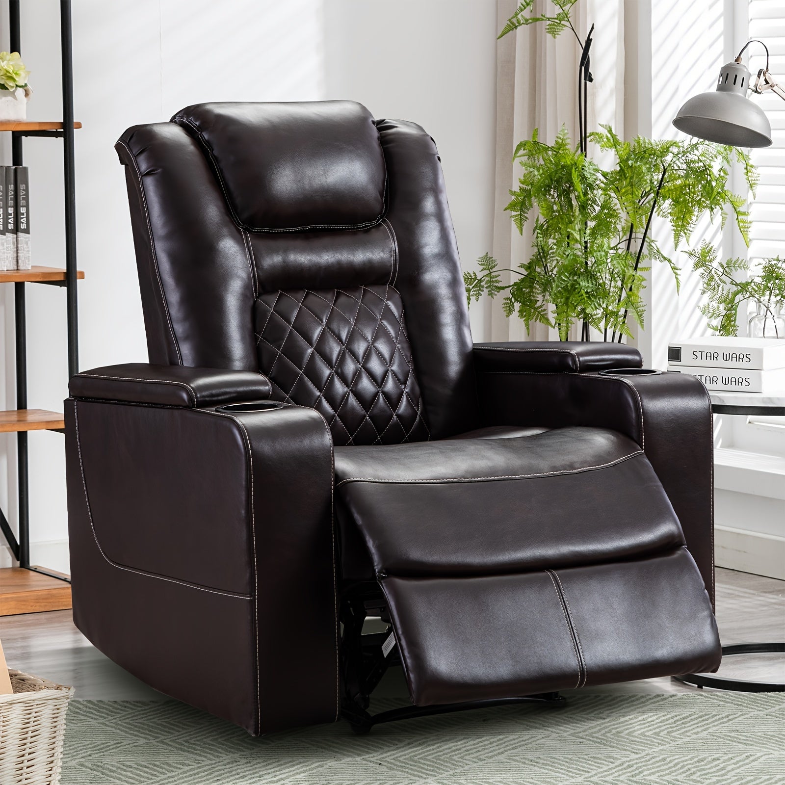 Power Recliner Chair, Heavy-Duty Frame & Soft Faux Leather Upholstery, Hidden Storage & Easy Operation, Compatible with Plug, Black, Modern Lazy Boy Sofa for Home Theater Seating, Easy Assembly