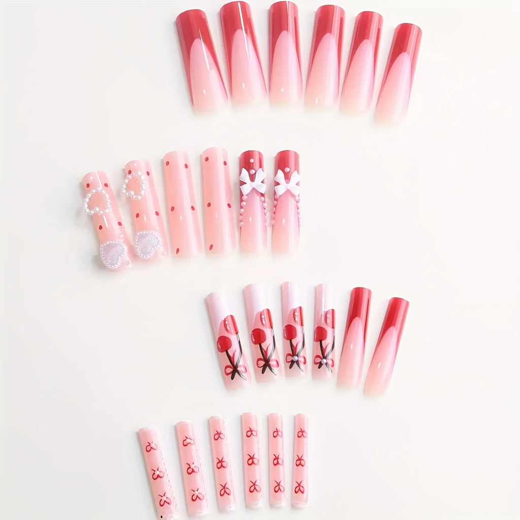 Cross border European and American style, sweet and cool, spicy style, wearing armor, heart-shaped bow, cherry painting, French nail art patch nail