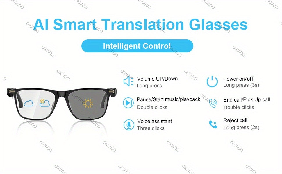 OICIIDO AI Smart Glasses, New Multifunctional Audio Glasses for Men and Women, Support Real-Time Translation for 160+ Languages and Video Translation, Equipped with Chat GPT System, Built-In Microphone and Speaker, HD Voice C