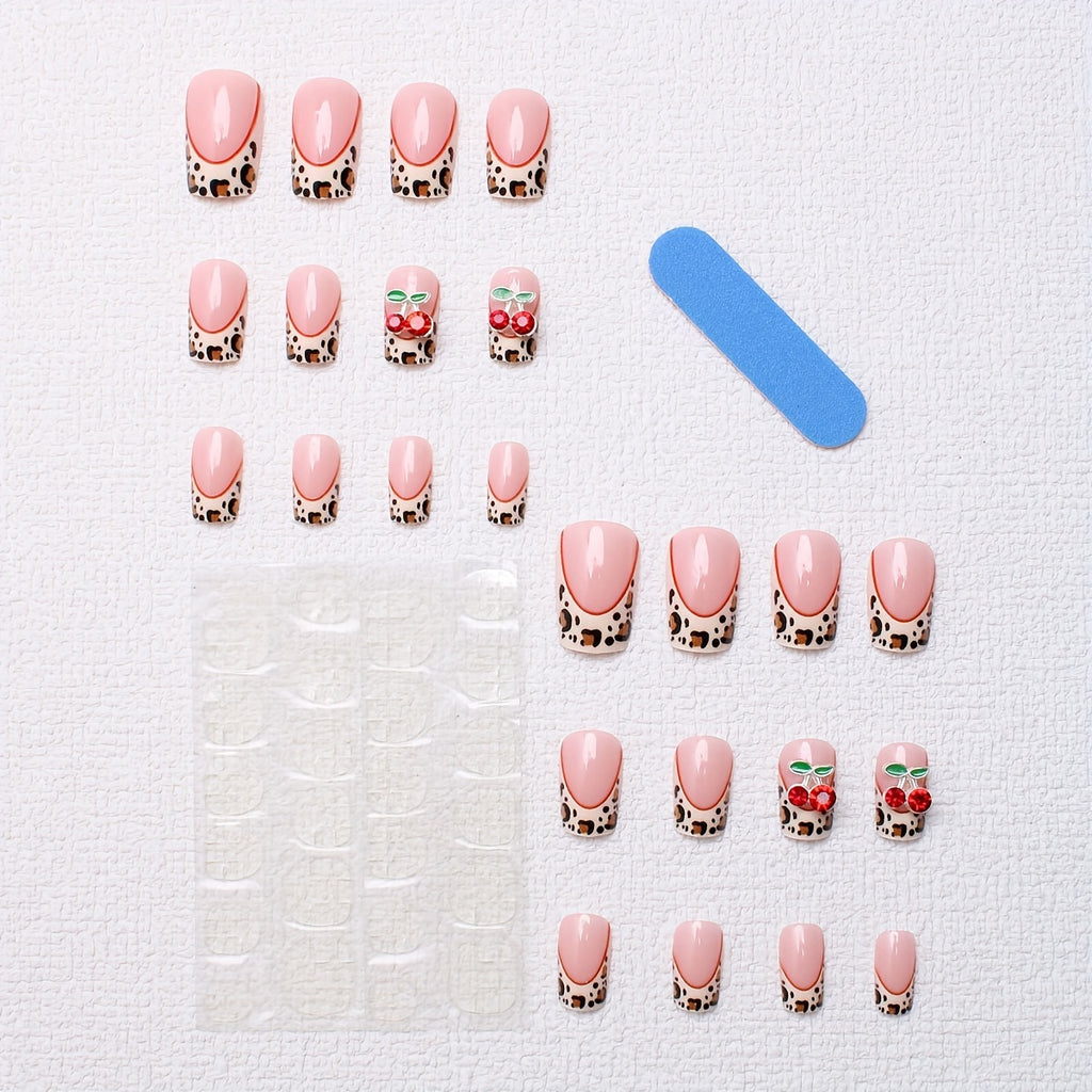 24pcs square style pressed nail pieces, French leopard print hand pasted cherry jewelry pattern design with shiny fake nails, suitable for daily wear, with jelly glue and filing strips included,  Medium Length False Nails, Ch