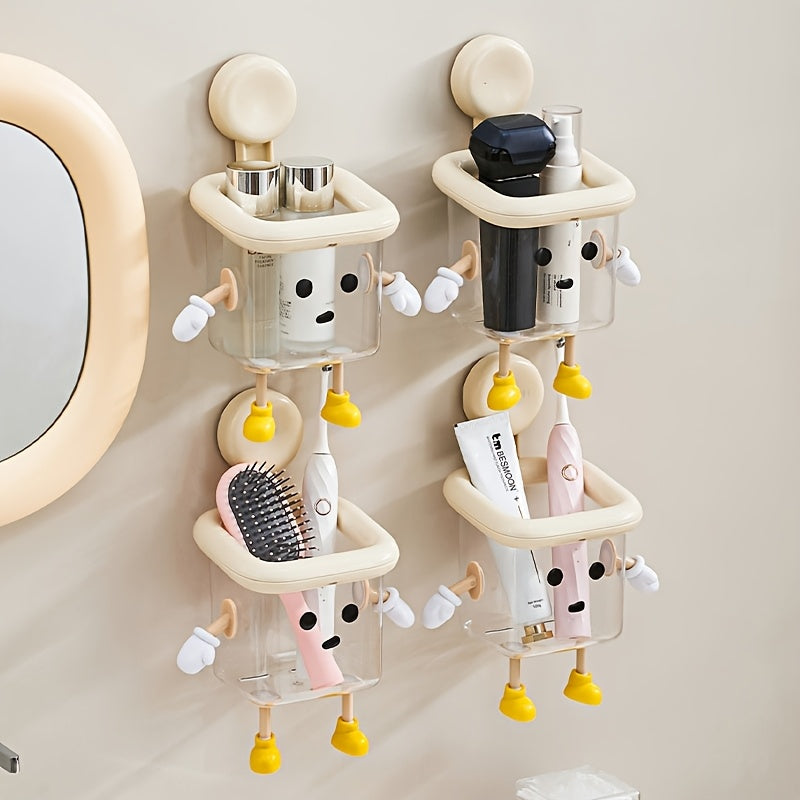 DIY Creative Cute Toothbrush Holder, Wall-Mounted No-Drill Suction Cup for Home Use, Bathroom Toothpaste Toothbrush Electric Toothbrush Cosmetic Organizer, Razor Makeup Brush Hanging Storage, High-End Multifunctional Transpar