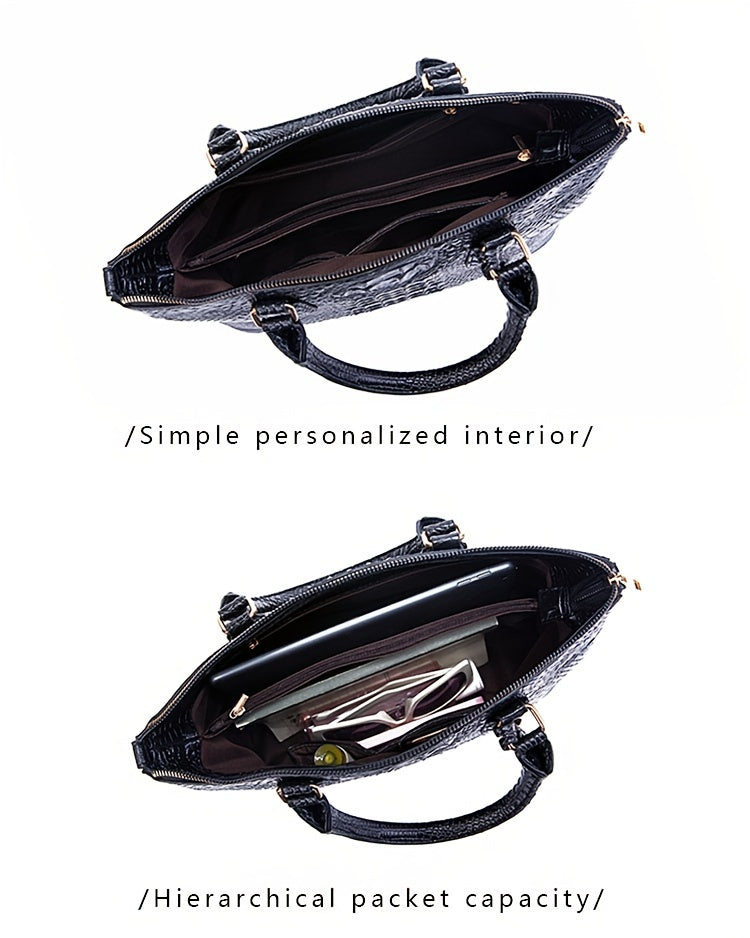 Luxurious crocodile patterned with three-dimensional pattern / metal round buckle decoration / dual handles and adjustable shoulder strap design / large capacity to meet the needs of commuting, business, and travel scenarios