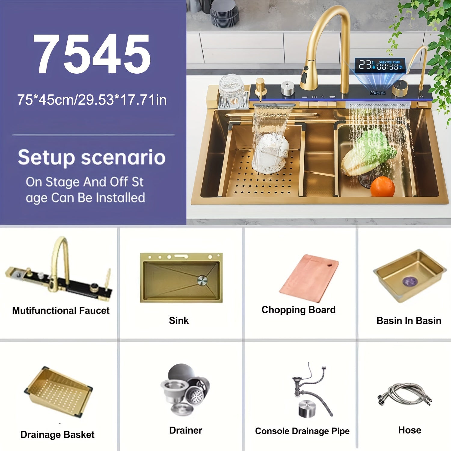 Digital Display Waterfall Sink, Single Bowl Kitchen Sinks, Stainless Steel Bar Sink With Pull Down Sprayhead Faucet, Smart Modern Kitchen Sink, Full Set Of Accessories, Gun Gray & Brushed Golden, 1 Set
