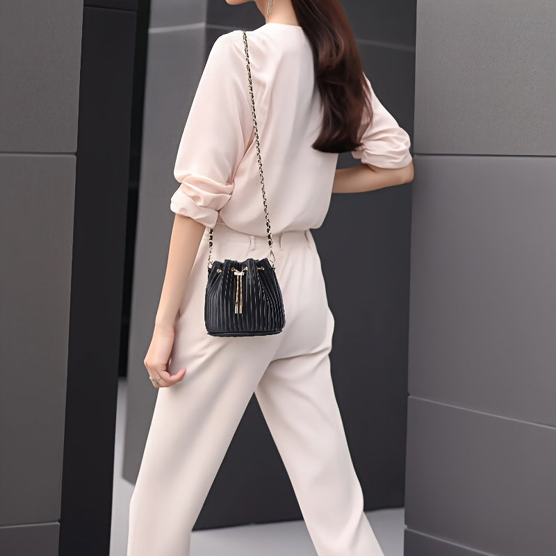 [Versatile Purse, Chic Design] Women's Shoulder Bag with Detachable Chain Strap - Elegant Synthetic Purse, Drawstring Closure, for Everyday, Formal, Party - Available in Beige, Gray, Pink, Green, White, Purple, Black - Women'