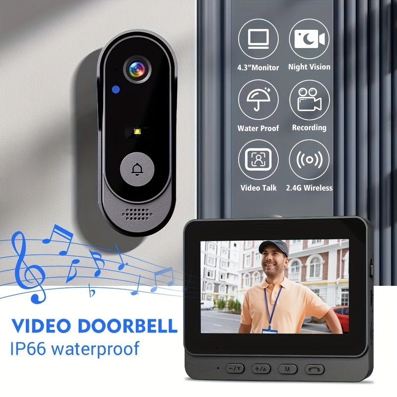 Smart HD WiFi Doorbell, High Quality High-Quality Wireless Camera with Night Vision, Voice Converter, Photos & Videos, 4.3-Inch Screen, 365-Day Standby, Infrared Night Light, Expandable to 128GB Storage, Auto-Recording and Li