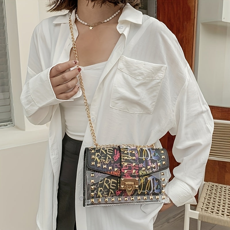 Chic Graffiti-Style Crossbody Bag, Mixed Color Transparent Shoulder Purse with Golden-Tone Hardware, Fashionable and Versatile, Secure Zip Closure, Casual Accessory|Graffiti Artistry|Goldtone Chain, Small Crossbody Bag