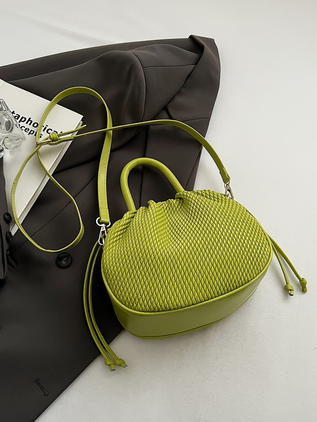 Elegant Lime Green Women's Handbag - Chic Woven Texture, PU Material with Drawstring Closure, Stylish Small Tote for Everyday Use, Cute Purse