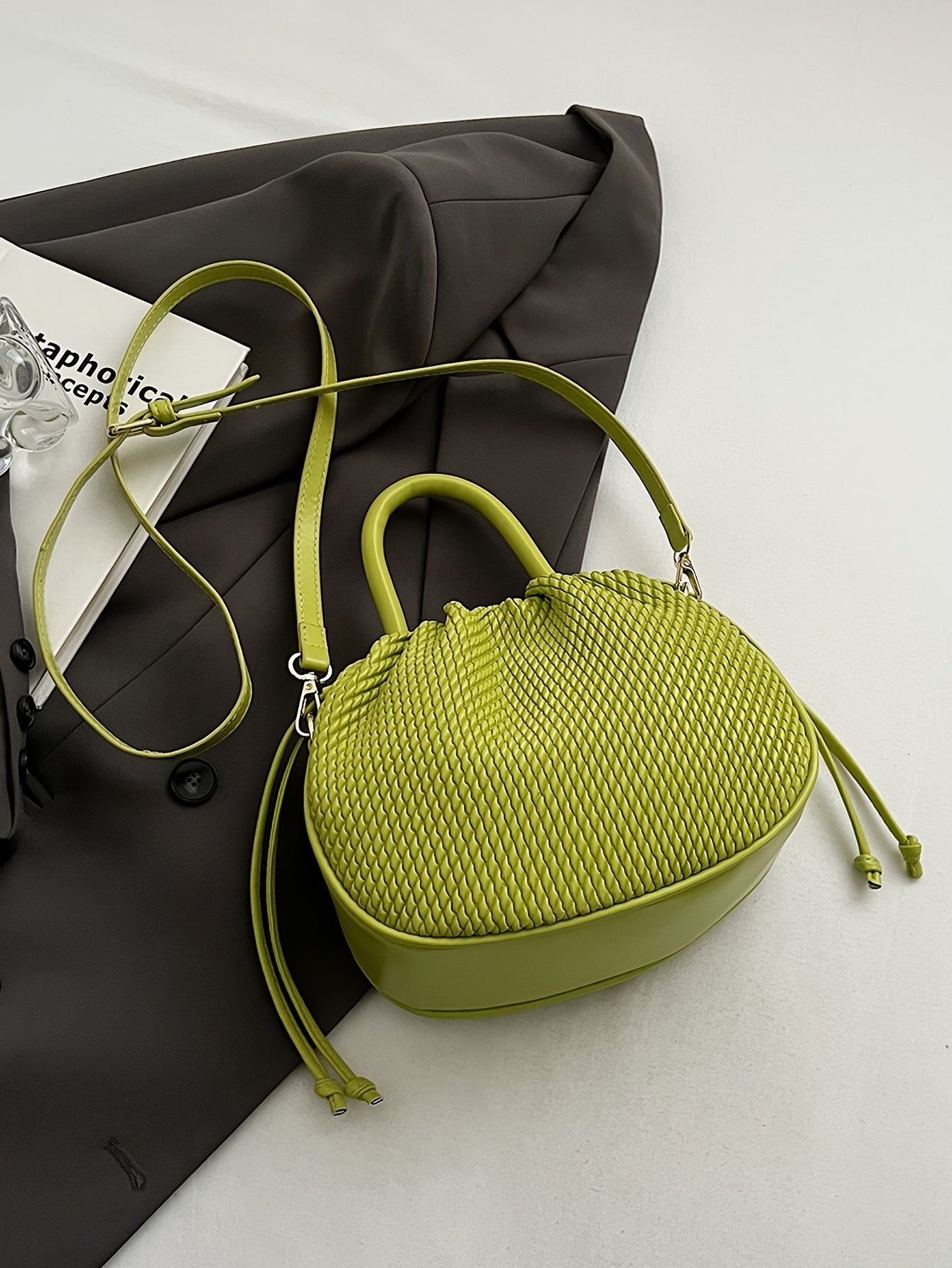 Elegant Lime Green Women's Handbag - Chic Woven Texture, PU Material with Drawstring Closure, Stylish Small Tote for Everyday Use, Cute Purse