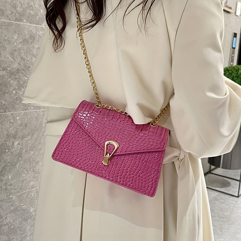 Pink Snake Print Crossbody BagFor Women, Stylish Women's Crocodile Pattern Handbag - Black Shoulder Bag With Detachable Strap Golden-Tone Hardware & Chain Strap, Crossbody Bag Purse Christmas Bags For Gifts Christmas Gift Bag