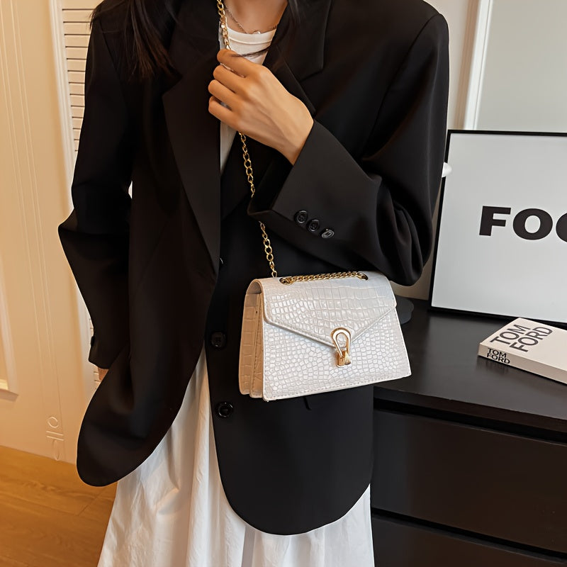 Pink Snake Print Crossbody BagFor Women, Stylish Women's Crocodile Pattern Handbag - Black Shoulder Bag With Detachable Strap Golden-Tone Hardware & Chain Strap, Crossbody Bag Purse Christmas Bags For Gifts Christmas Gift Bag