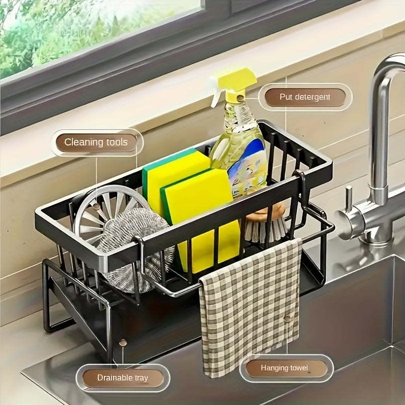 Heavy-Duty Metal Kitchen Sink Organizer Tray - Sink Drainage Rack with Built-in Sponge Holder, Dish Brush Slot - Space-Saving Countertop Organizer, Compatible with Standard Sinks - Easy to Clean Kitchen Storage Rack, Compact
