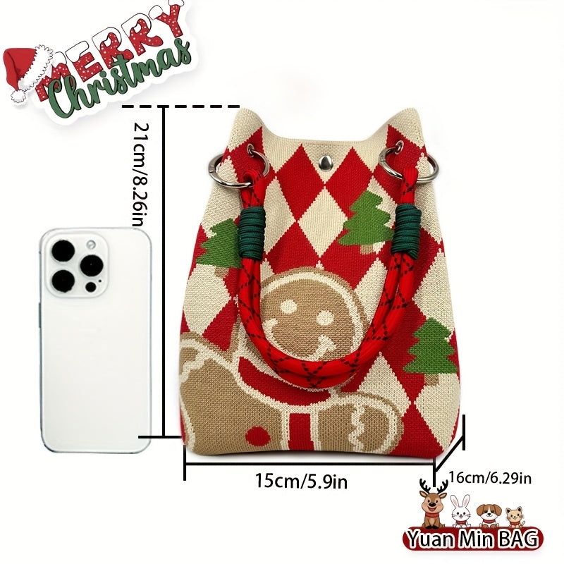 Gingerbread for Man Knitted Handbag/Festive Red & Checkered Design with Magnetic Closure, Removable Strap, and Golden Accents/Perfect Christmas Gift for Women, Holiday Accessory, Playful Design, Magnetic Closure Bag