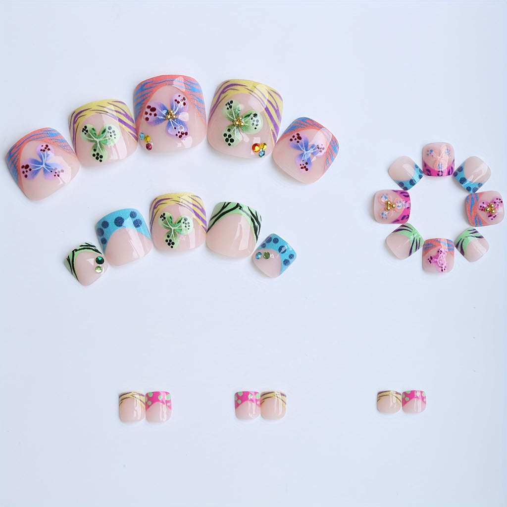 24 square short toe nails summer soda style Golden flower core three-petal flower dopamine Glitter blue purple black water ripple French edge spring green small flowers crylic press on nails sweet cool, beach vacation must-ha