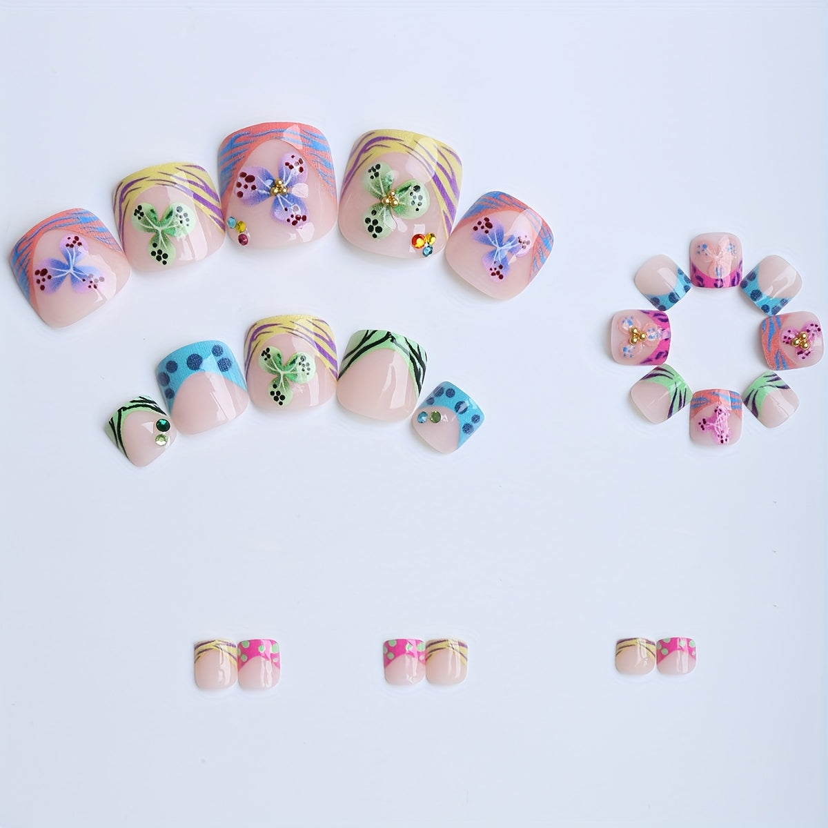 24 square short toe nails summer soda style Golden flower core three-petal flower dopamine Glitter blue purple black water ripple French edge spring green small flowers crylic press on nails sweet cool, beach vacation must-ha