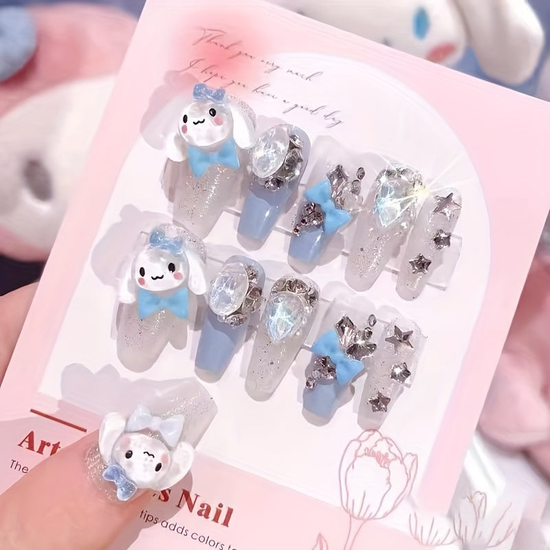 [Playful Nail Design] 24pcs Sanrio Cinnamoroll Press-On Nails | Silvery Glitter, Ballet Style, Full Cover, Glossy Finish, Cartoon Design, Medium Length, ABS Material, Manicure & Pedicure, Nail Art Accessories
