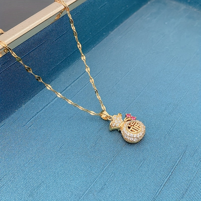 Fashion Money Bag Pendant Necklace for Women - Alloy, Yellow, Synthetic Cubic Zirconia, Fashion Themed, Suitable for Ages 15+ - Elegant Non-Plated Korean/Japanese-Inspired Design with Lucky Fu Bag Charm