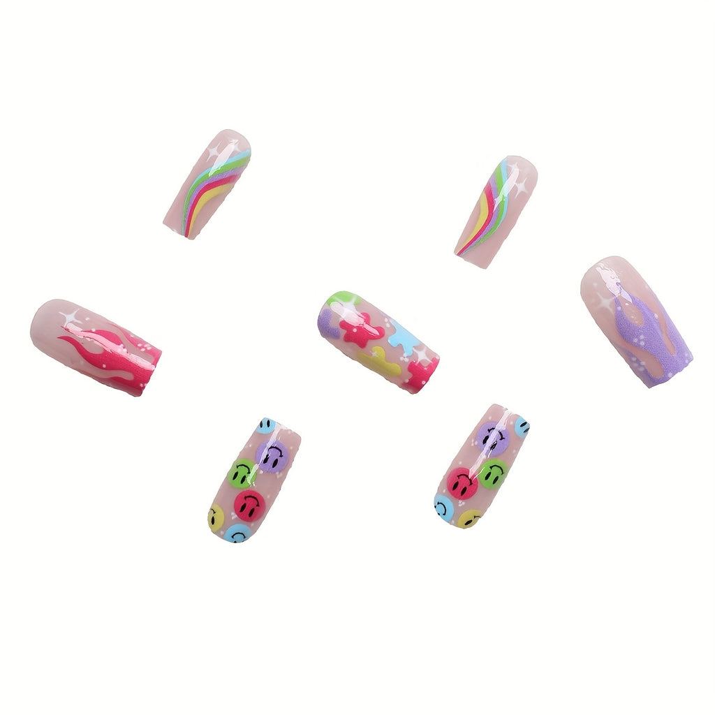 24pcs Colorful Smile & Rainbow Clouds Press-On Nails, Mid-Length Oval Fake Nails with Glossy Finish - Stripe & Flame Patterns, Includes Application Tool, Ideal for Daily Wear