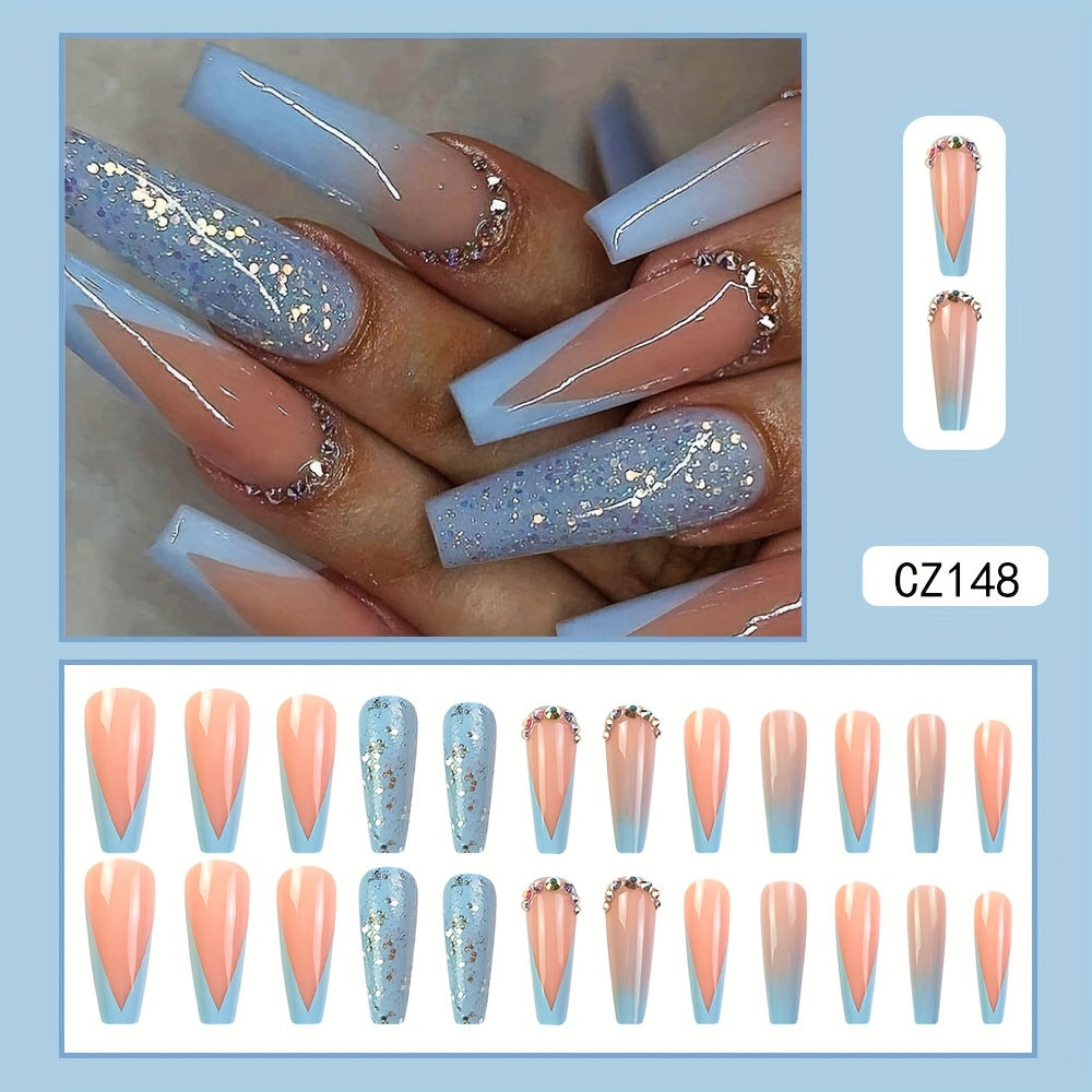 24pcs Glossy Long Ballerina Press On Nails, Pinkish And Blue French Tip Fake Nails with Rhinestone Design, Reusable False Nails for Women Girls